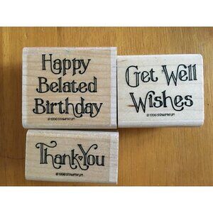 3 NEW Stamps 1996 Retired‎ Stampin Up Wood Rubber Mounted Thank You, Birthday